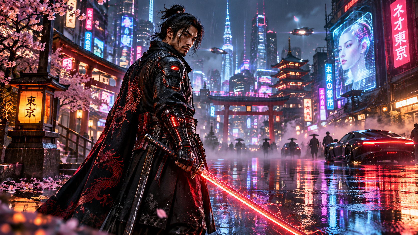 Cyberpunk Samurai in Rain-Slicked Tokyo